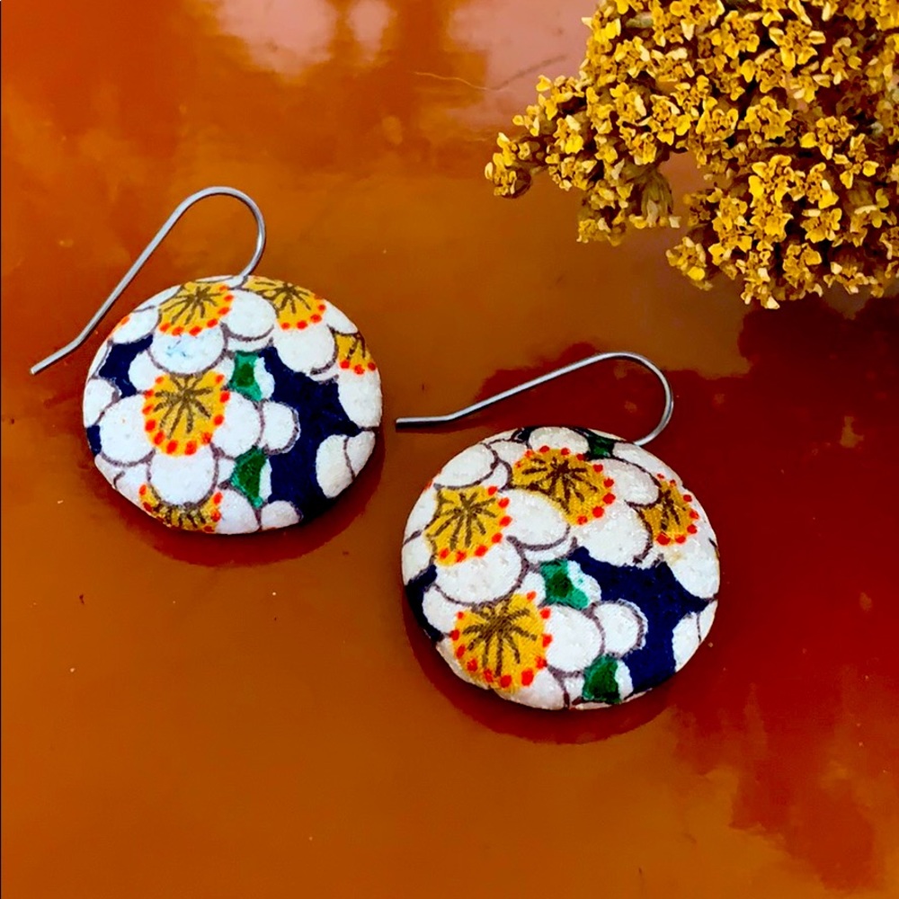 Round Earrings Made from Floral Kimono Material